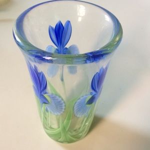 Orient & Flume Fine art glass vase blue iris flowers